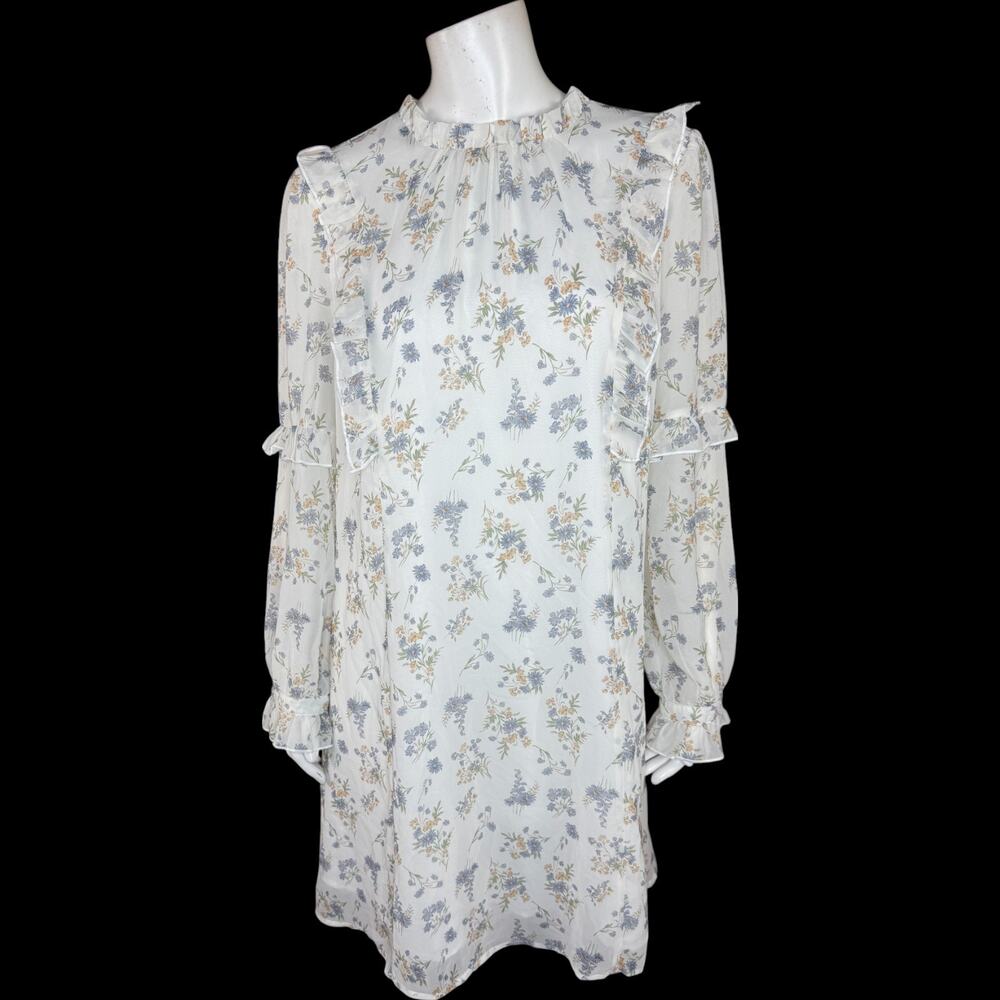 Allegra K Floral Ruffle Long Sleeve Mini‎ Dress White Lined L Feminine Romantic